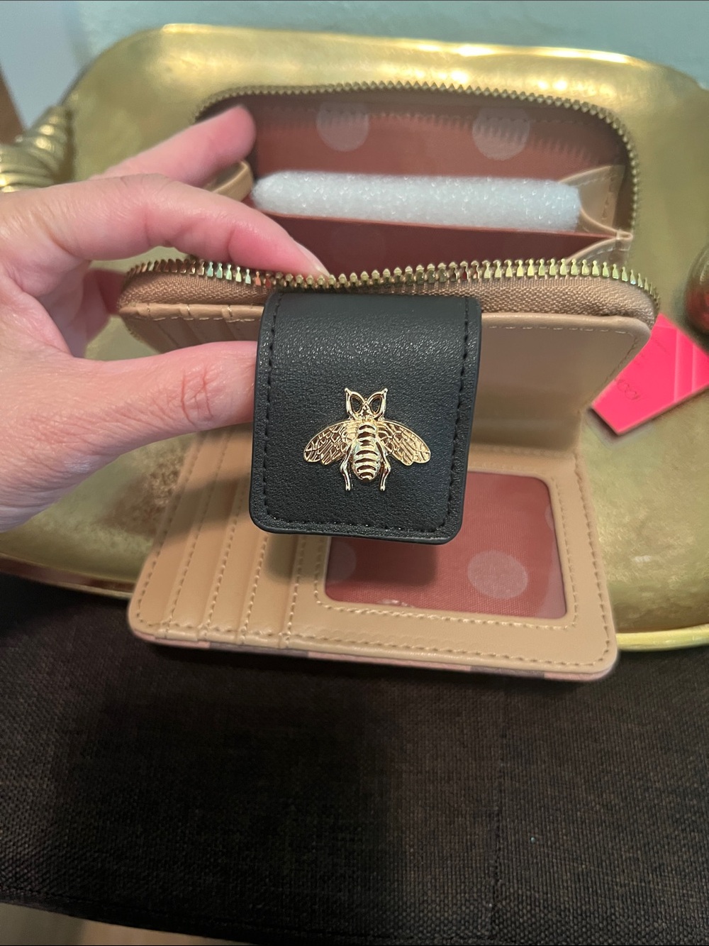 #2001**& Pink/Black Striped Compact Wallet with Gold Charm Bee Accent - Picture 6 of 12